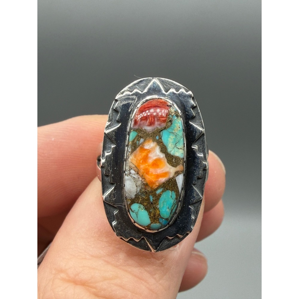 Vntg Sterling Silver Multi Stone Ring Turquoise Coral Spiny Oyster Mosaic #1138